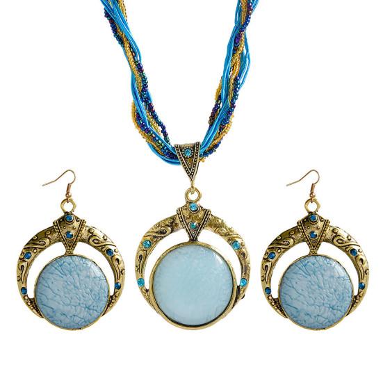 2Pcs/Set Bohemian Unique Carved Round Earrings Necklace Set Multilayer Beads Chain Pendant Necklace Hook Earrings Jewelry Accessories