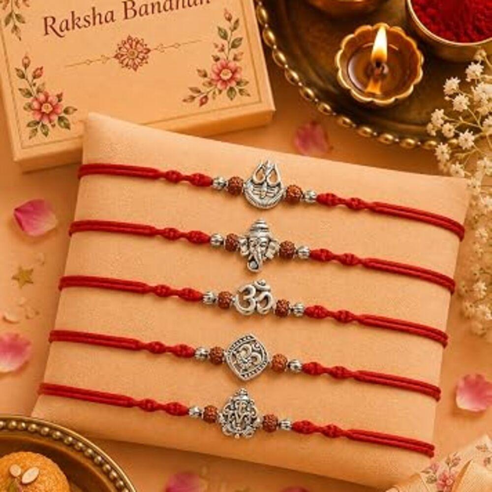 Rakhi for Brother - Set of 5 With Greeting Card, Traditional Indian Rakhi For Raksha Bandhan Designer Rakhi Thread for Bhaiya Design02-2026