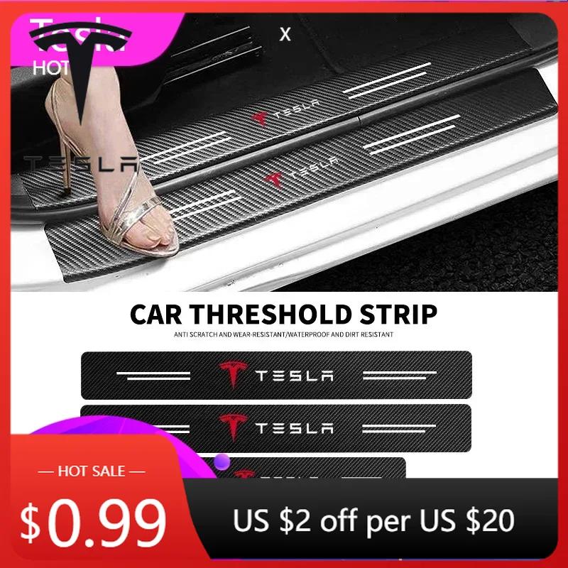 Autoaufkleber 2025 Neu Tesla 4 Stück Auto Türschwellerschutz Carbonfaser Dekoration Emblem Aufkleber für Tesla Model 3 Y 2021-2023 Sti