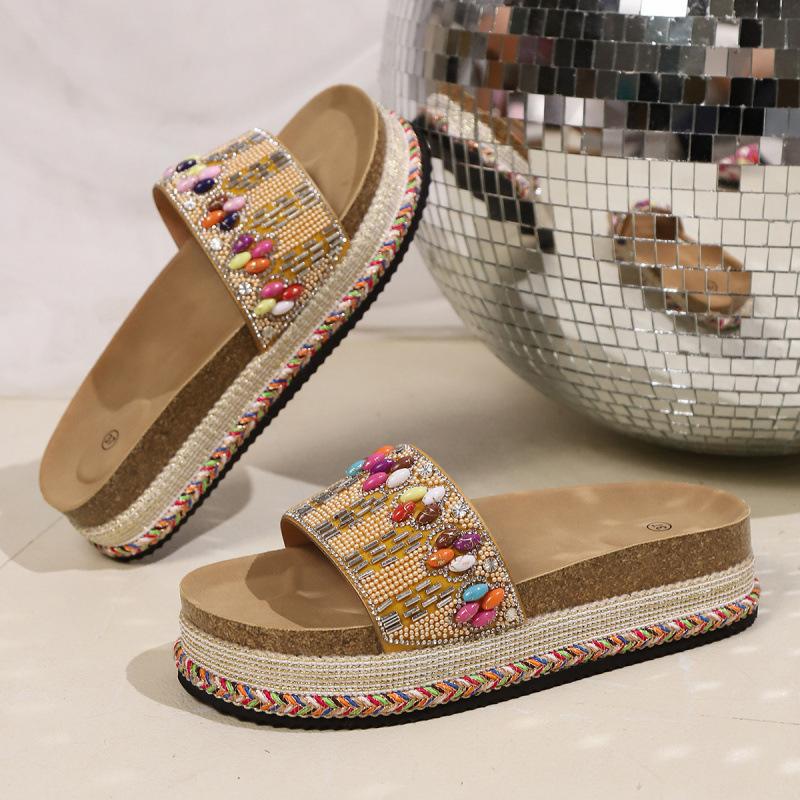 Large Size Muffin Thick-bottomed Cool Slippers Summer New European and American Colored Big Diamond One-word Slippers