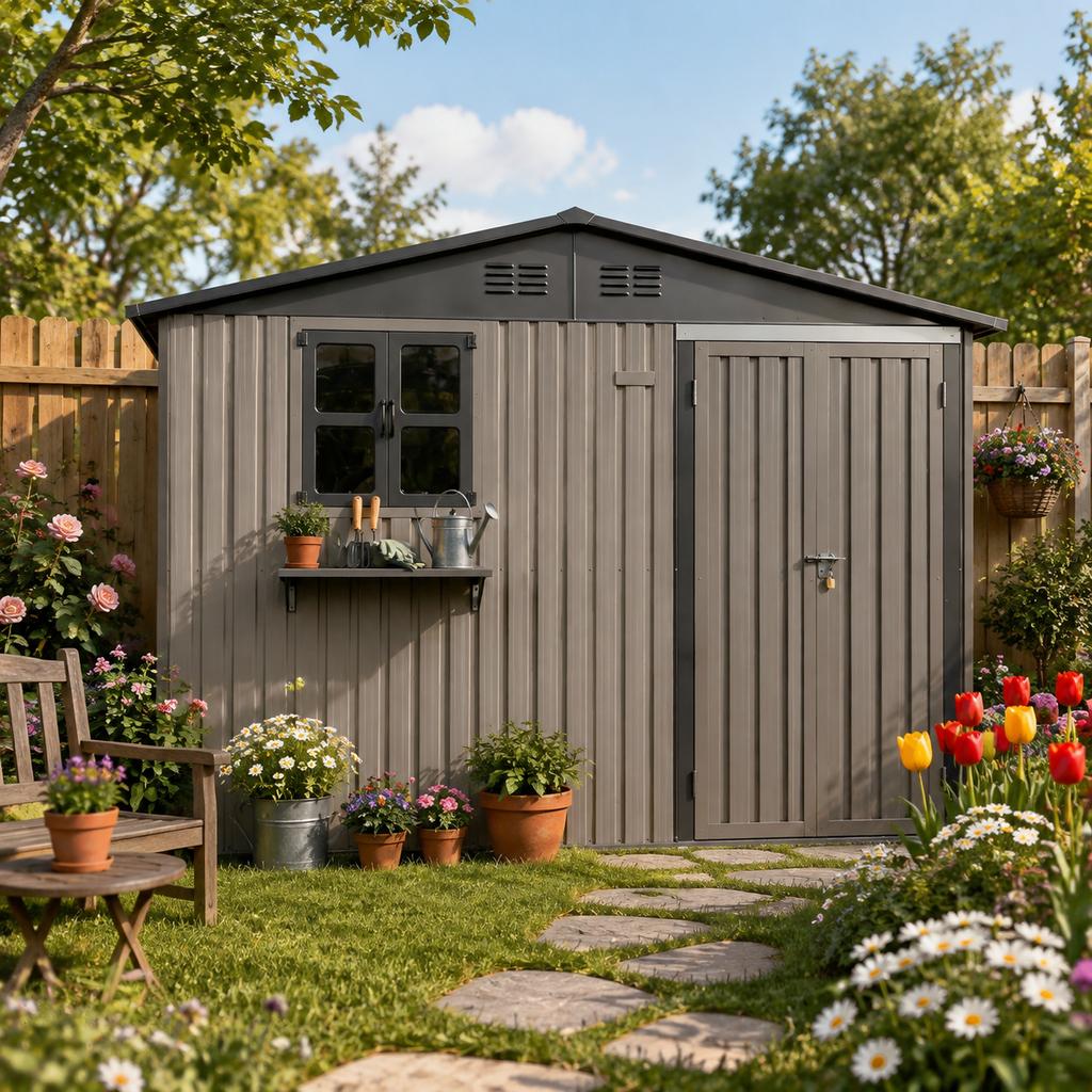 Brown Galvanized Steel Outdoor Tool Shed, Dimensions 295 × 243.6 cm (7.19 m²), with Openable Windows, Lockable Door and Flower Rack, Waterproof