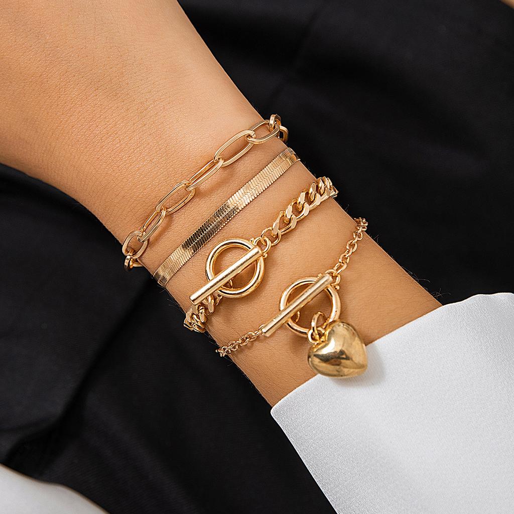 Hip Hop Sweet Cool Metal Wind Love Pendant Bracelet, Punk Snake Bone Chain Bracelet Set