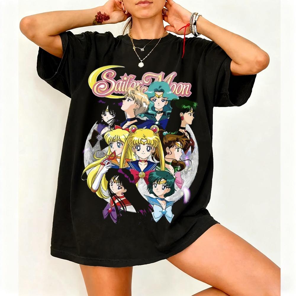 2026 Summer Sailor Moon Retro Cosplay Tshirt Unisexs Oversize Casual Cotton Printed Shortsleeved Unisex Childrens Sports Shirt
