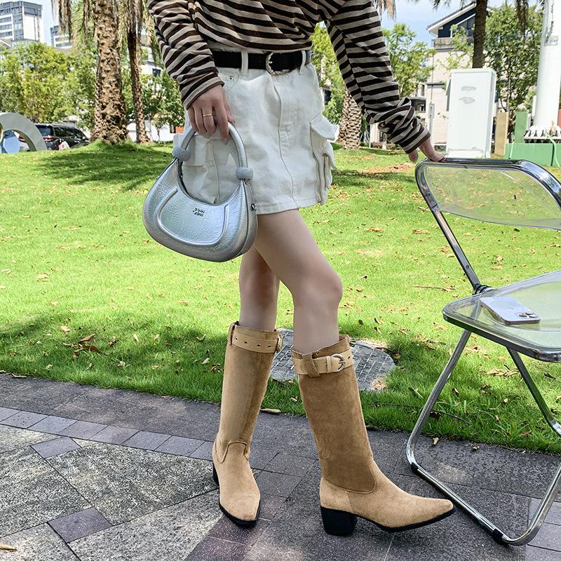 French retro suede thick heel boots women's spring and autumn new belt buckle fashion versatile fashion boots