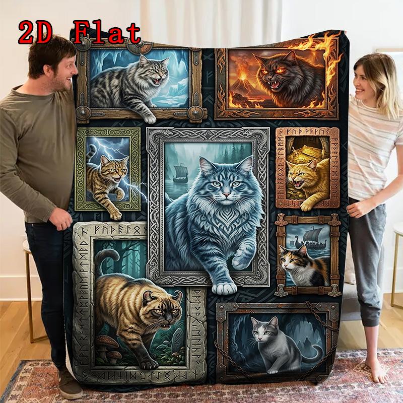 Feline Fantasy Portraits 2D Flat Pattern Flannel Blanket, High quality All Seasons, Home Decor, Warmth and Comfort, Perfect for Christmas Gifts.