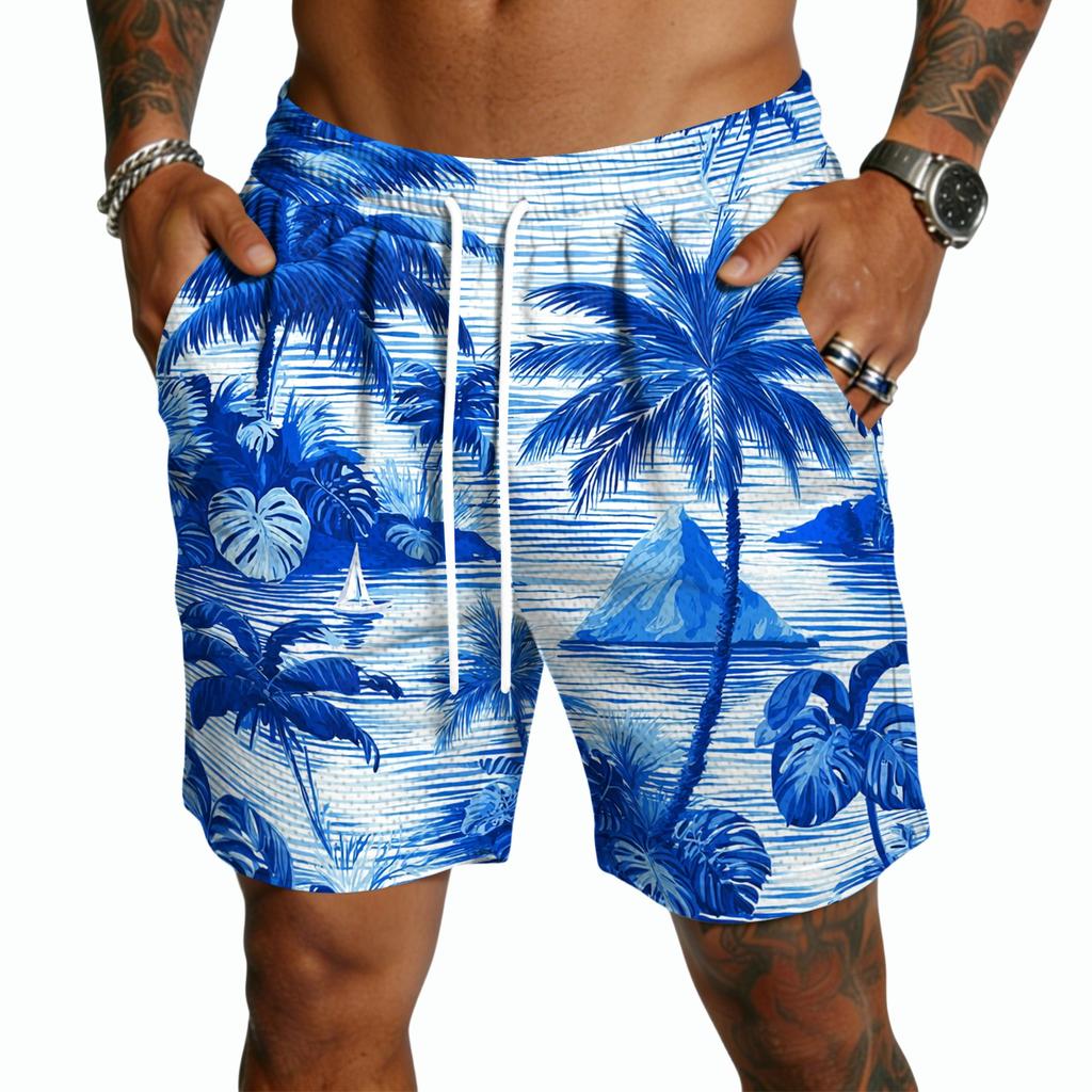 Men's Casual Hawaiian Print Drawstring Shorts Lightweight Quick Dry Beachwear Five Inch Inseam Swim Trunks with Pockets