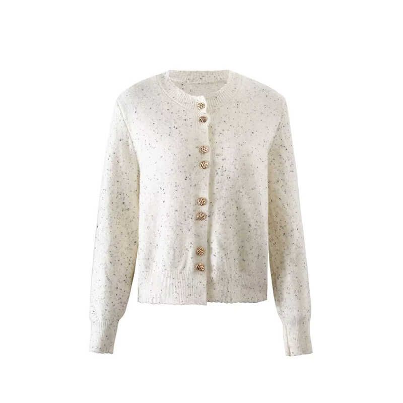 

Starry Dot French Style Design Classic Style round Neck Flower Knitting Cardigan + A- line Velvet High Waist Skirt White Cardigan M