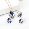 3PCS Peacock Gemstone Lady Jewelry Set Temperament Shiny Crystal Waterdrop Necklace Hoop Earring Ring Gold Color Evening Jewelry