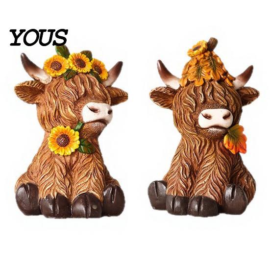 Lifelike Animal Shape Ornaments Highland Cow Garden Statue, Cute Resin Figurine Outdoor Indoor Hand Painted Collectibles Table Desk Decor, Gift