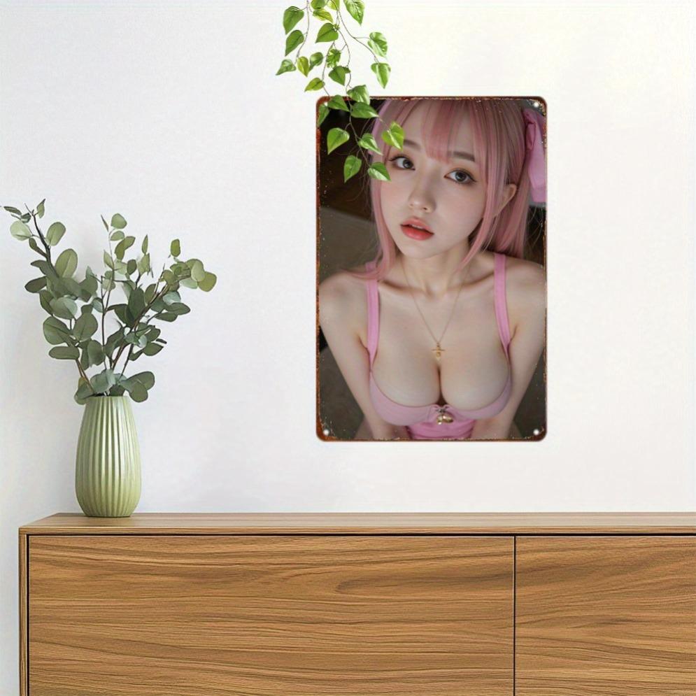 Vintage Anime Metallwandschild, Mädchen mit rosa Haaren 8x12 Zoll Retro Blechkunst, Kein Strom Neon-Stil Dekoration für Zuhause Café Man Cave