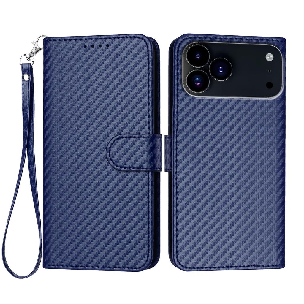 For iPhone 17 Pro Wallet Case with Strap Carbon Fiber Texture Leather Mobile Cover