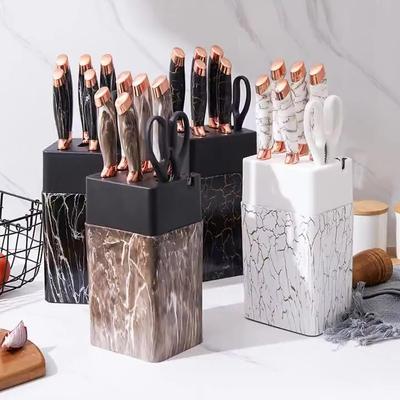 7pcs Kitchen Knife Sets Stainless Steel Chef Knife Bread Knife Marble Textured Handle Sets Tool Holder with Grinding Stone