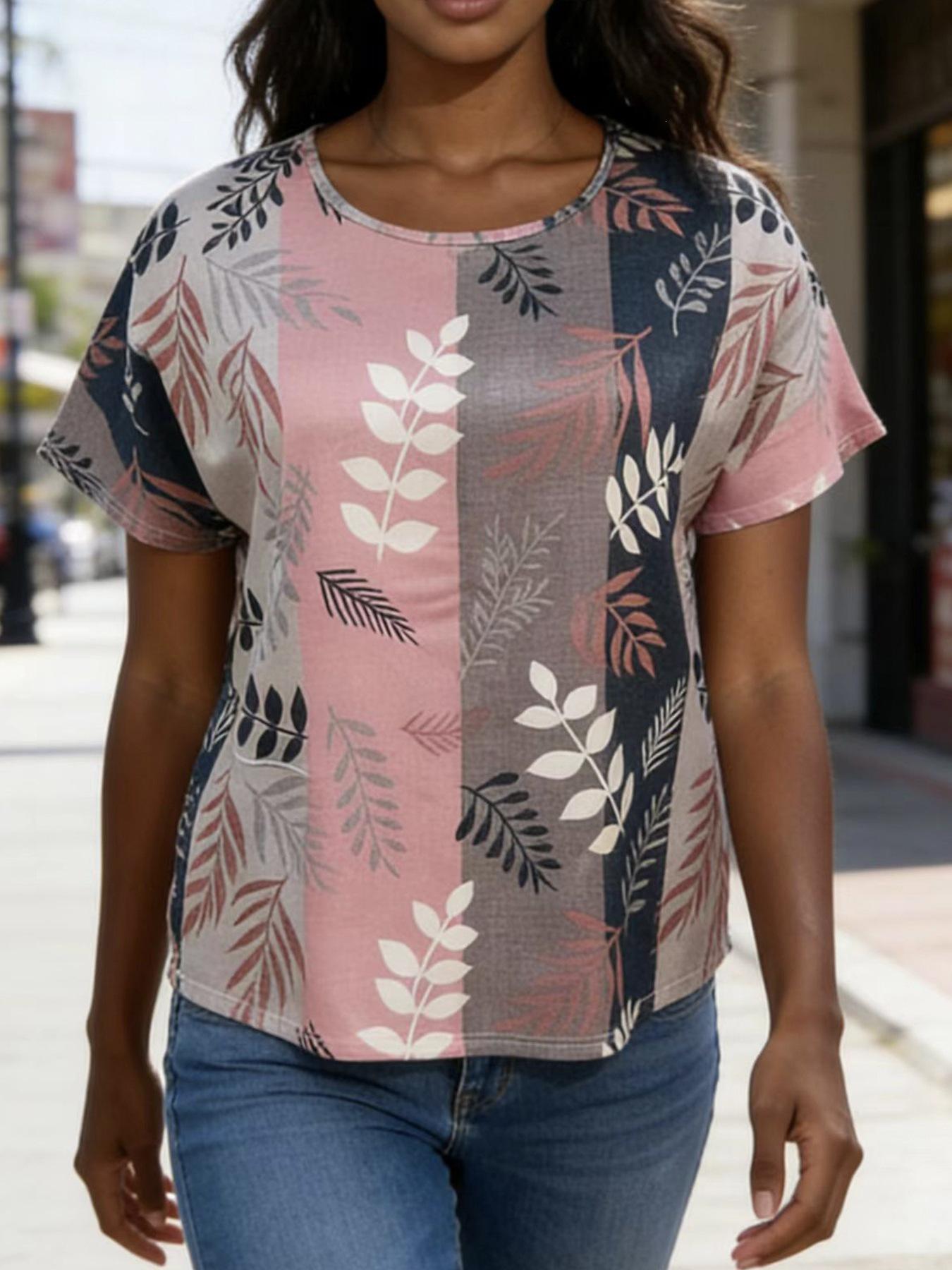 

Retro Floral Print Slimming Loose Fit Round Neck Top XL рожевий