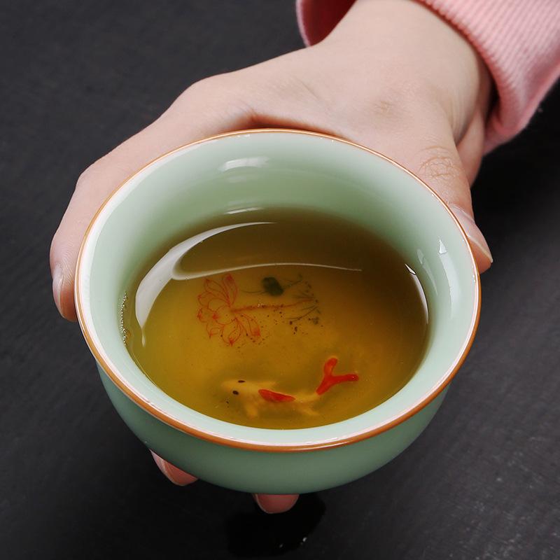 Celadon Ceramic Tea Tasting Set with Koi Fish Design and Custom Logo