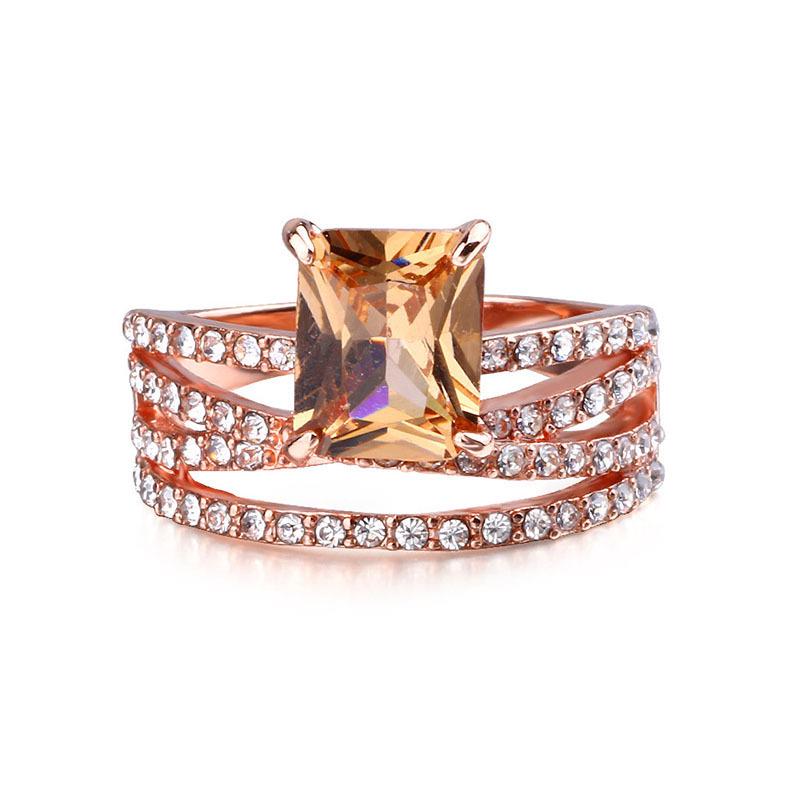 Xunou Rose Gold-Plated Diamond Square Champagne Engagement Ring for Women