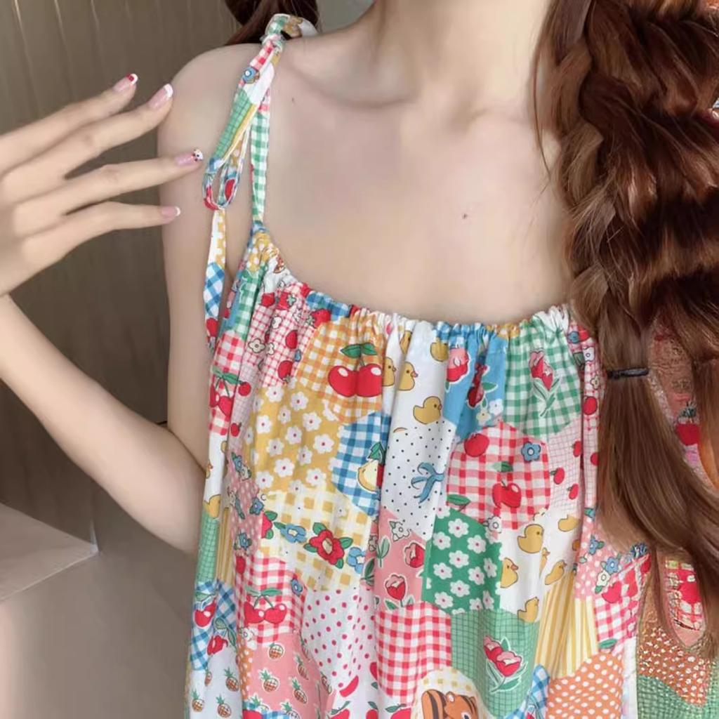 Summer Lace Lace Sweet Age-reducing Printing Suspender Dress Women's New Splicing Loose Medium and Long Dress