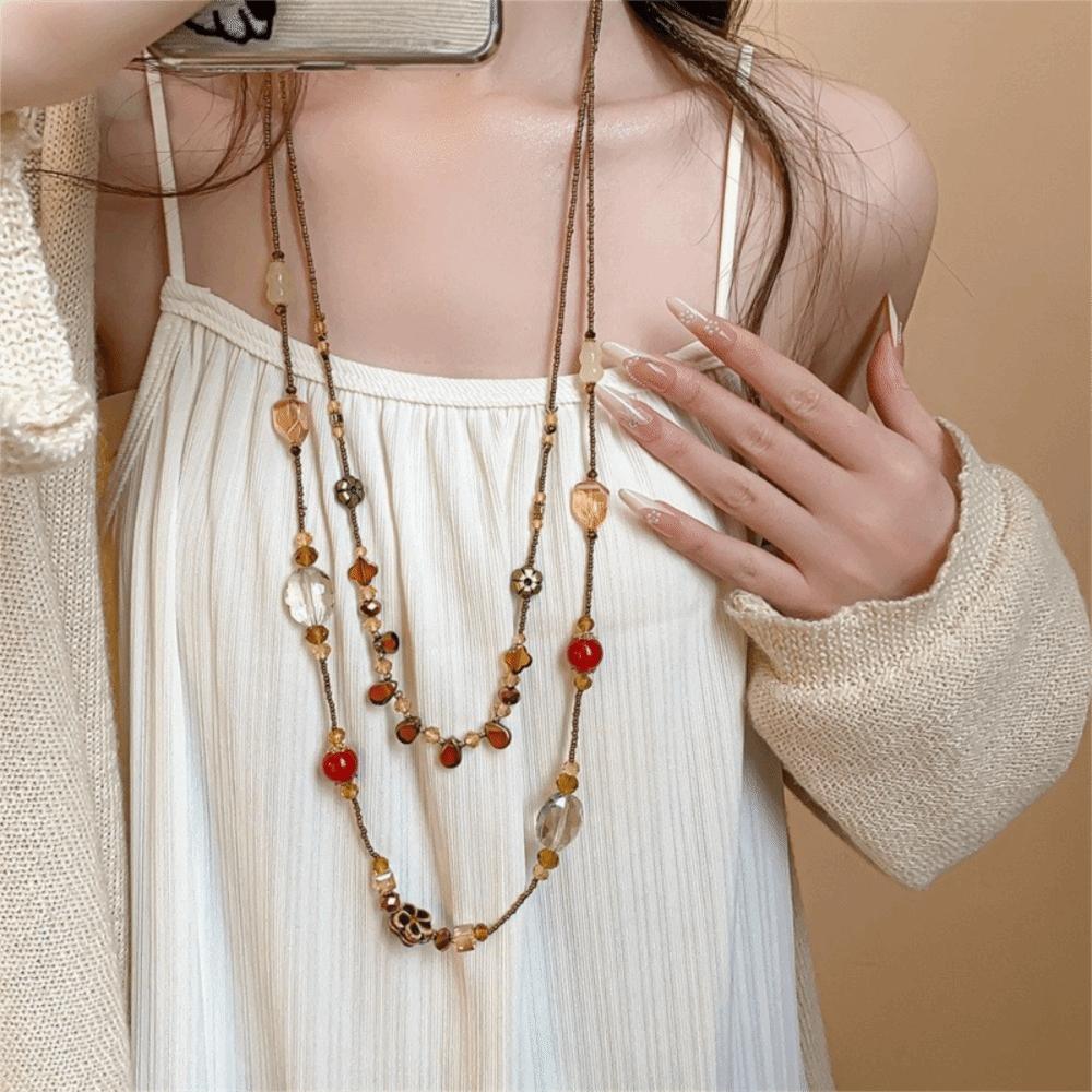 Temperament Flower Glass Beaded Necklaces Fashion Sweater Chain  Gift