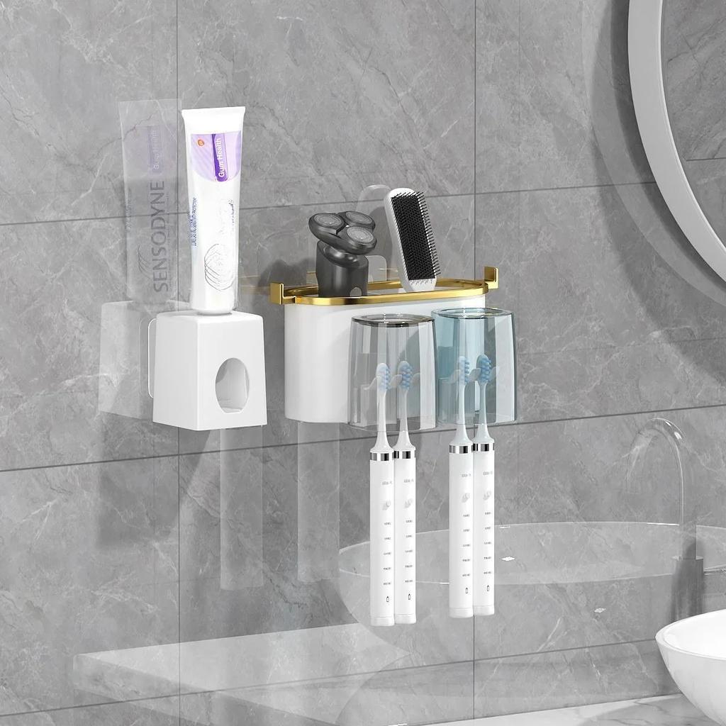 Wall Mount 2-in-1 Toothbrush Holder with Squeezer & Built-in Cup | No Drill Bathroom Organizer for 2-4 Brushes