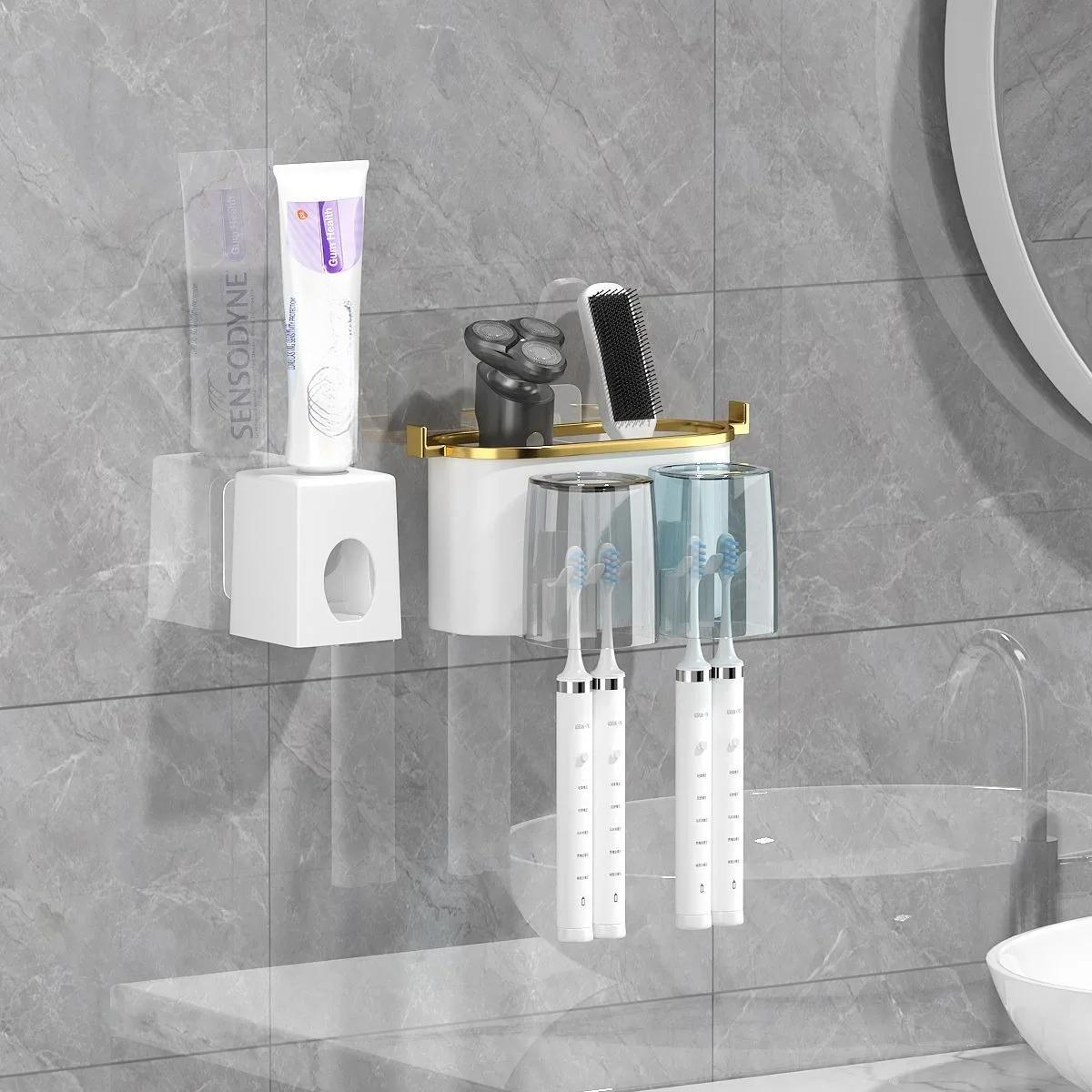 

Настенный держатель для зубных щеток 2-в-1 с дозатором и встроенным стаканом | Органайзер для ванной комнаты без сверления для 2-4 щеток