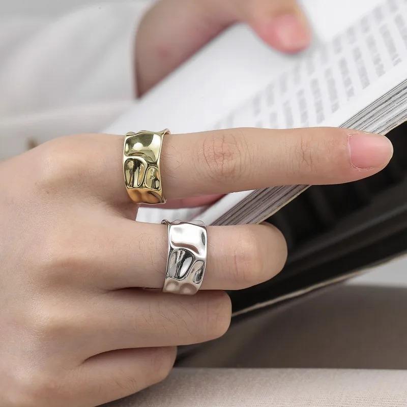 Irregular Metal Geometric Open Rings for Women Fashion Gold Silver Color Lava Pleated Wide Ring Party Temperament Jewelry Gifts