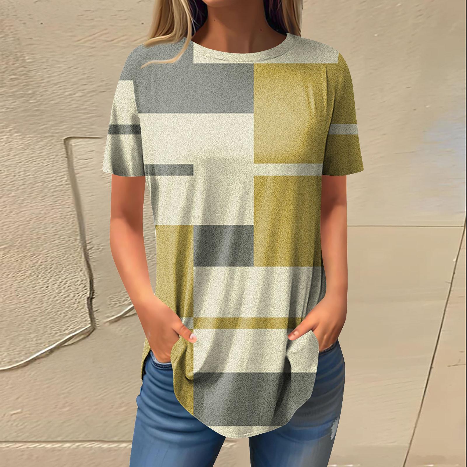 

Женская модная повседневная футболка с круглым вырезом в стиле ретро и геометрическим принтом, пуловер с короткими рукавами, топ XL жёлтый