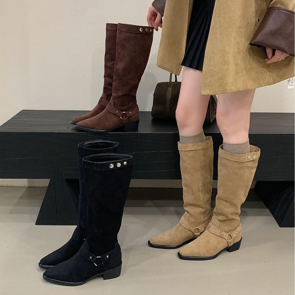 

Wasteland Wind Brown Boots Women s Travel Belt Buckle Pile Boots Frosted Leather Pointed Coarse Heel Western Cowboy Boots 39 абрикосовий