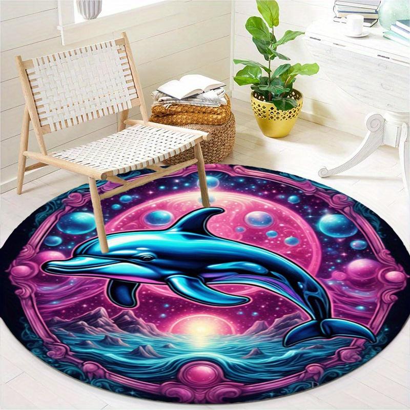 Cute Purple Dolphin Round Rug Nonslip Area Rug Office Chair Mat Carpet For Living Room Bedroom Home Decor