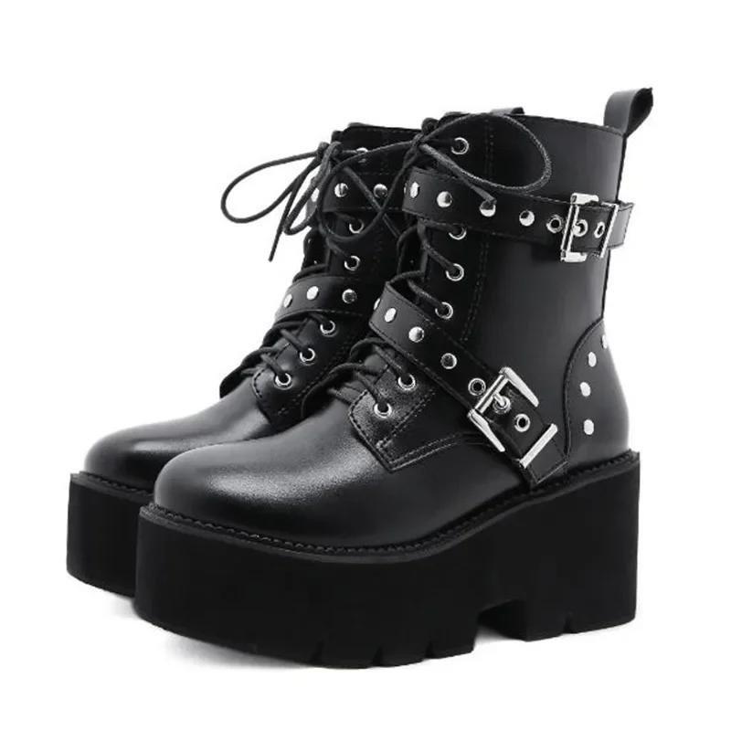 Punk Style Womens Boots High Quality Casual Leather Boots Fashion Platform Booties Thick Soled High-heeled Ankle Boots for Women