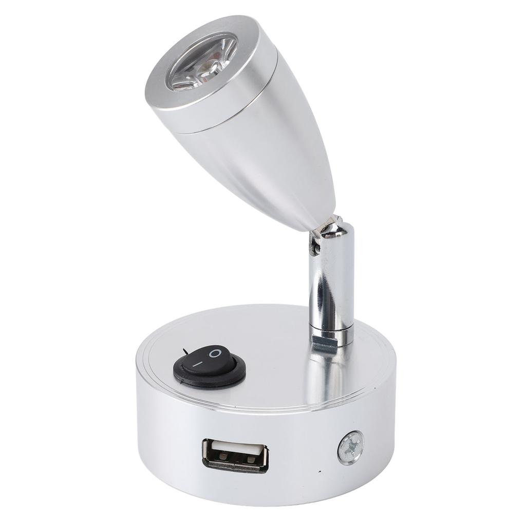 RV Reading Lamp Button Switch 350° Rotatable RV Spotlight with USB Port for Boat Yacht Motorhome 4000K DC10‑30V Silver