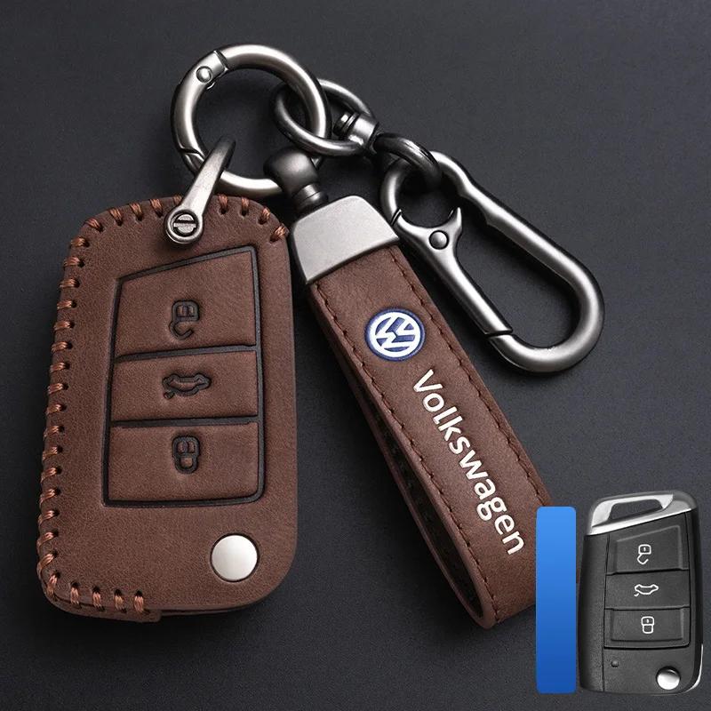 Valve Stems Caps For VOLKSWAGEN VW Leather Car Remote Key Case Cover Protection Holder Shell Fob For VW Volkswagen Golf 7 MK7 Ti RC6