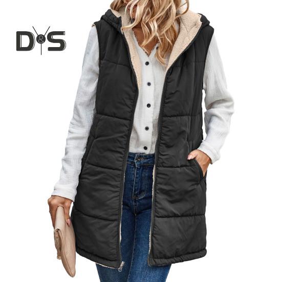 

Женский осенне-зимний двусторонний жилет, пальто с капюшоном без рукавов, куртка на флисовой подкладке, однотонный жилет средней длины, длинная теплая верхняя одежда M чёрный