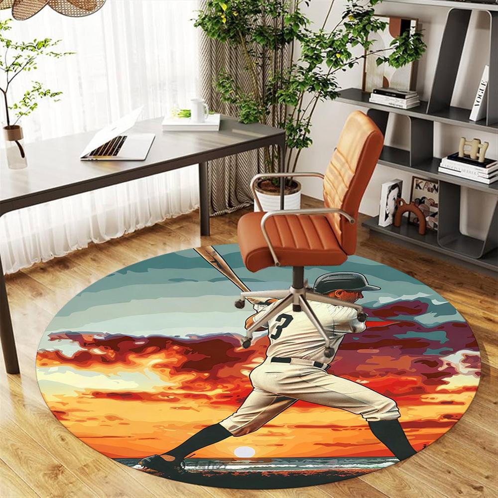 1pc Baseball Player Sunset Round Chair Mat Office Area Rug - Non-Slip, Floor Mat for Office, Bedroom, Ideal Home Decor Gift C0112123