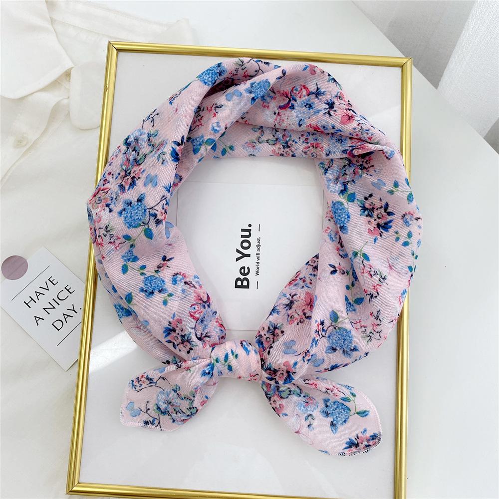 Floral Cotton Linen Silk Scarf: Women's Square Headband for Spring, Summer, Autumn - Korean Fresh Style