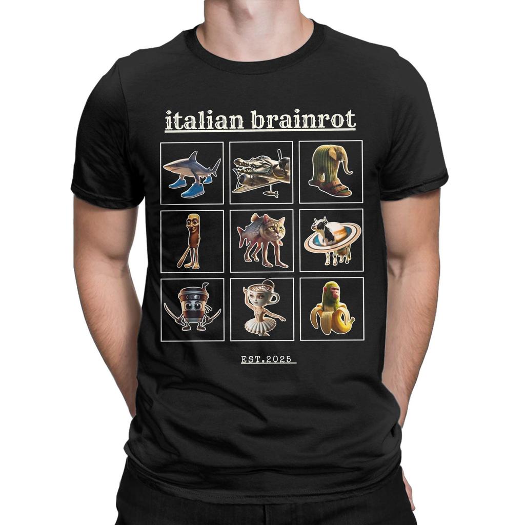 Men's Italian Brainrot Characaters Meme T Shirts  Pure Cotton Clothing Funny Short Sleeve Crewneck Tees Gift Idea T-Shirts