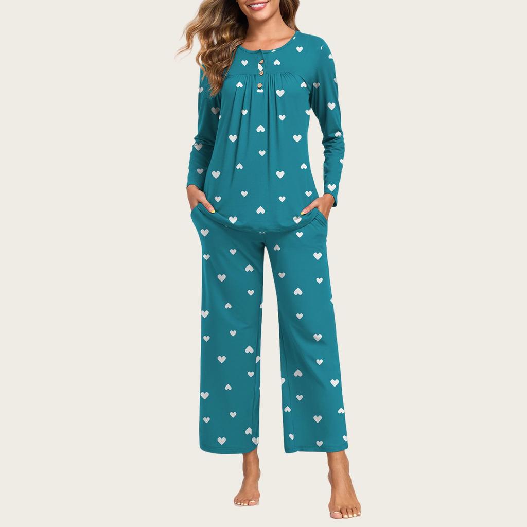 European & American Women's Fashion: Autumn 2025 2-Piece Pajama Set – Casual Long Sleeve Top & Pants with Pockets