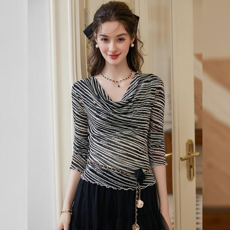 French Elegant Cowl Neck Slim Fit Striped T-Shirt S