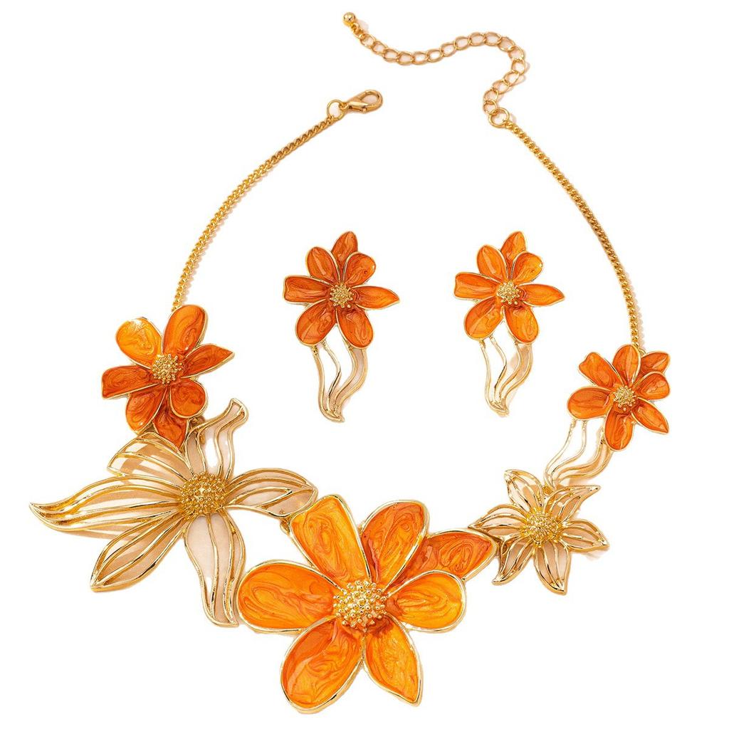 Personality Trend Enamel Drop Glaze Flower Pendant Necklace Women's Hollow Petal Stud Earrings