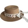 French Lace Bow Strap Straw Hat Women's Spring and Summer Vacation on The Beach and Travel on A Large Brim Sun Protection Flat Top Straw Hat