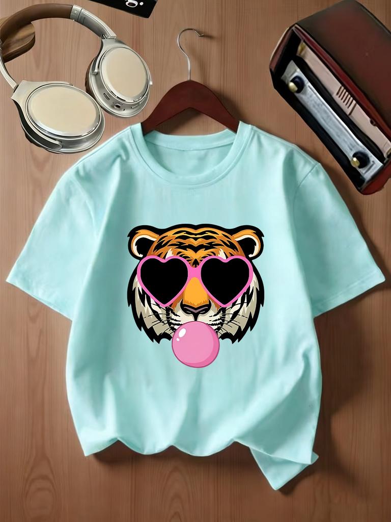 Cool Tiger Blowing Bubble Heart Glasses Print Kids T Shirt Boys Girls Family Matching Parent Child Summer Crew Neck Casual Tee