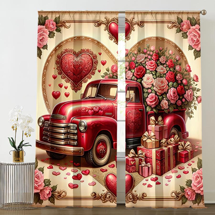 2 Stück Retro Rotes Auto Liebe Blumenarrangement Vorhang   Amerikanischer Süßer Element Stil   Schlafzimmer und Wohnzimmer   Raffbandtaschen-Stil