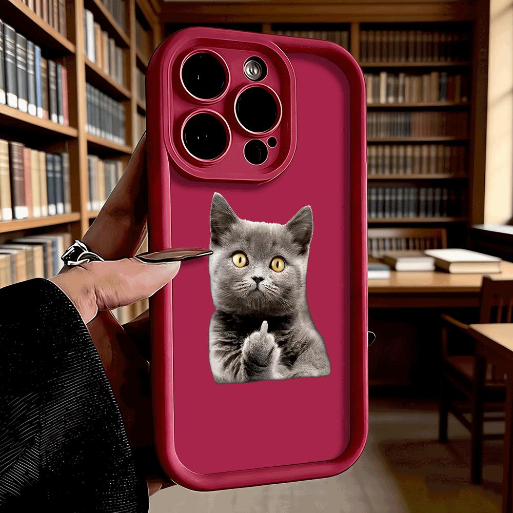 Gray Cat Giving Middle Finger Soft TPU Phone Case for iPhone 17 16 15 14 13 12 11 Pro Max Plus Shockproof Anti-Slip Cover