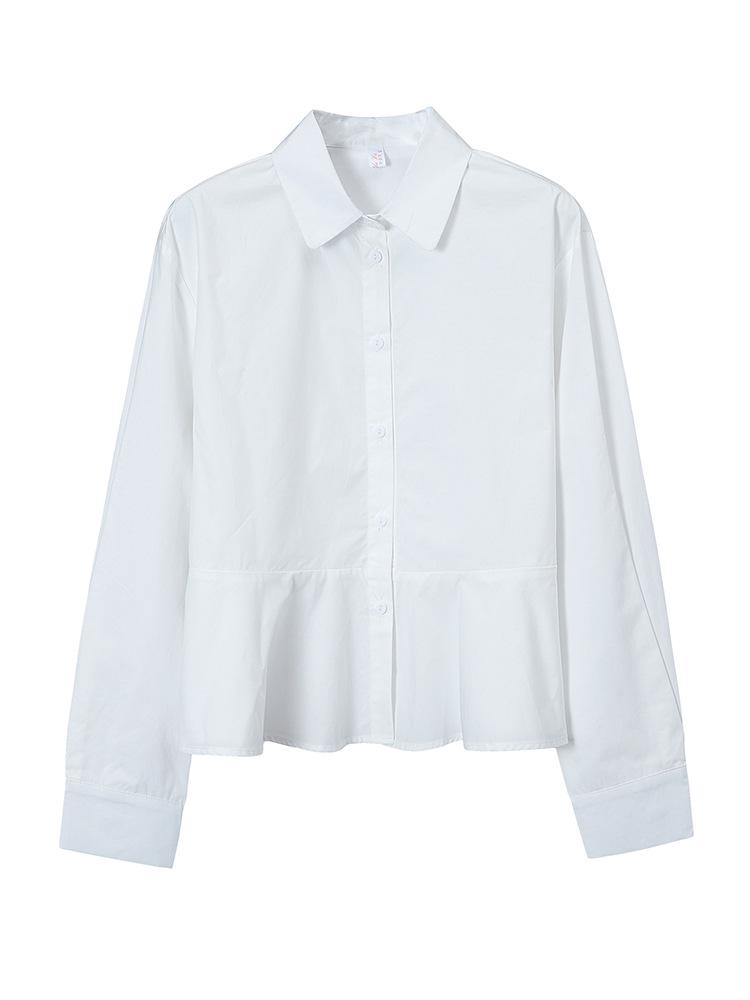 Women's White Cotton Shirt, Loose Fit, Lapel, Cinched Waist, Patchwork, Elegant, Versatile, Slimming, Long Sleeve