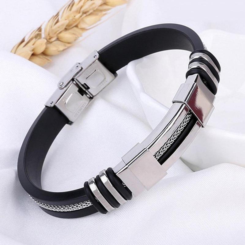 Bracciale rigido da uomo con chiusura a polsino in gomma punk nera in acciaio inossidabile