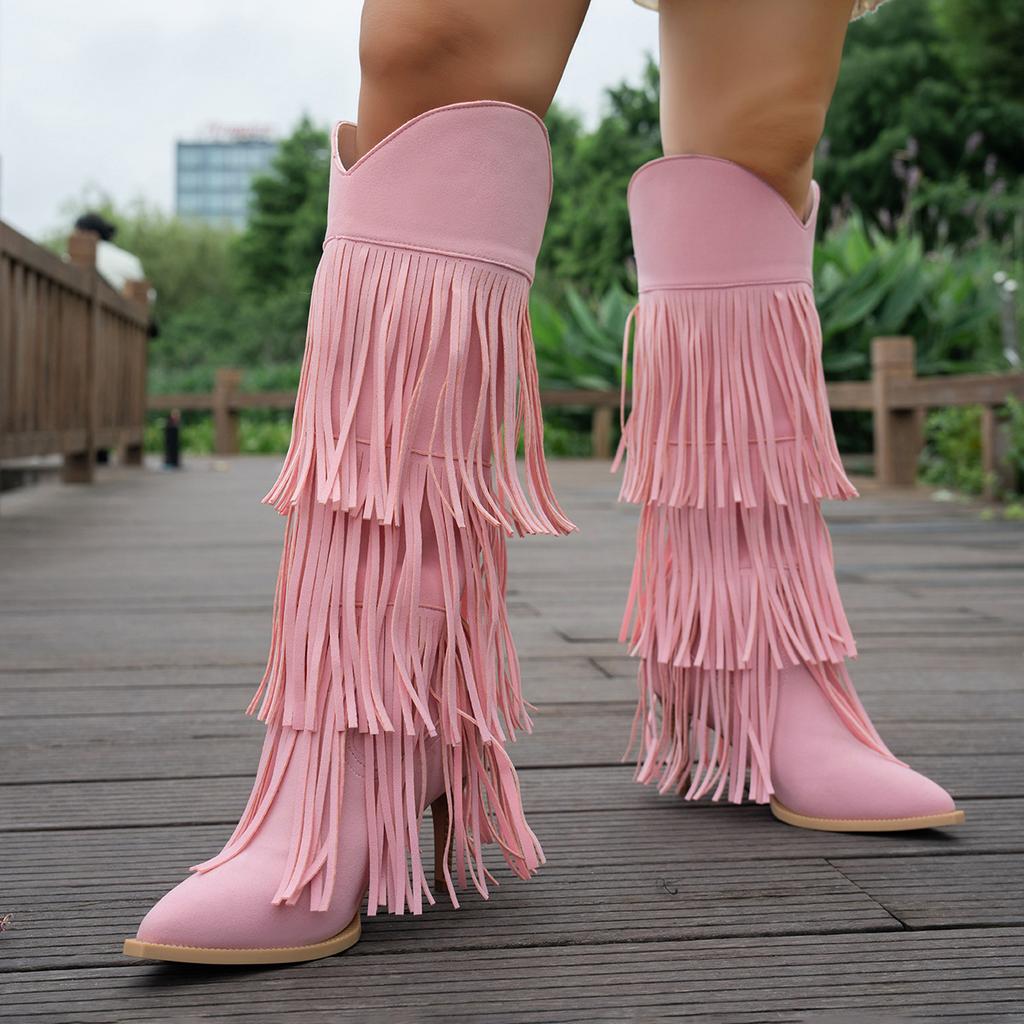 Large Size Women'S Long Tassel Boots Autumn And Winter Pointed Thick Heel Fashion Boots Vintage Boots