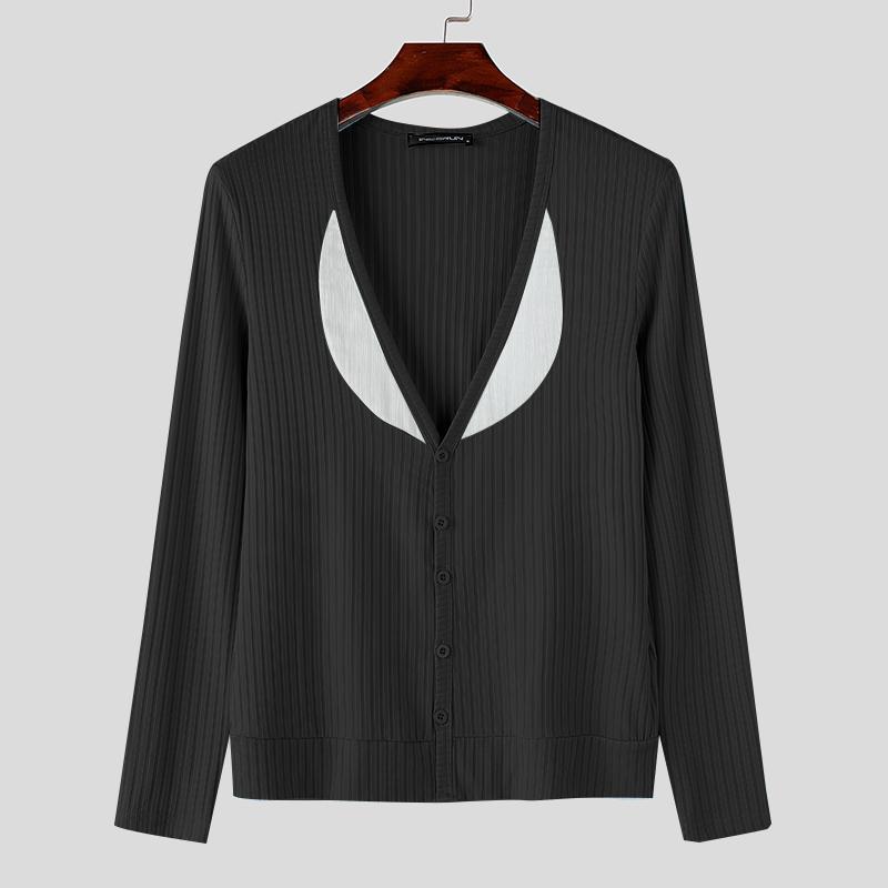 INCERUN Herren Tiefer V-Ausschnitt Langarm Gestrickte Unterhemden Lässige Patchwork Rippen Gestreifte Oberteile