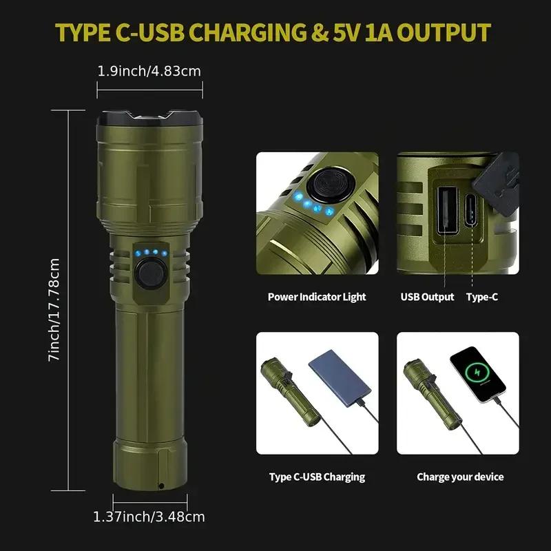Powerful LED Flashlight USB C Rechargeable with Fresnel Lens Flashlight Super Bright Aluminum Zoom Torch Emergency Power Bank