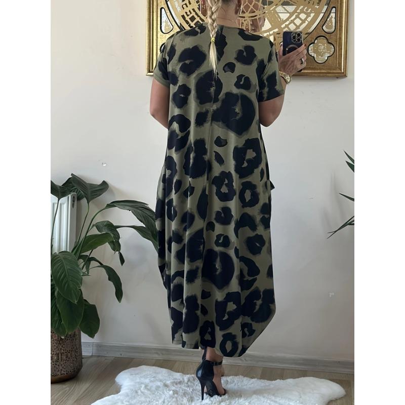 DAFIFY Women's Fashion Summer Spring Leopard Print Short Sleeve O-Neck Loose Waistline Casual Dresses
