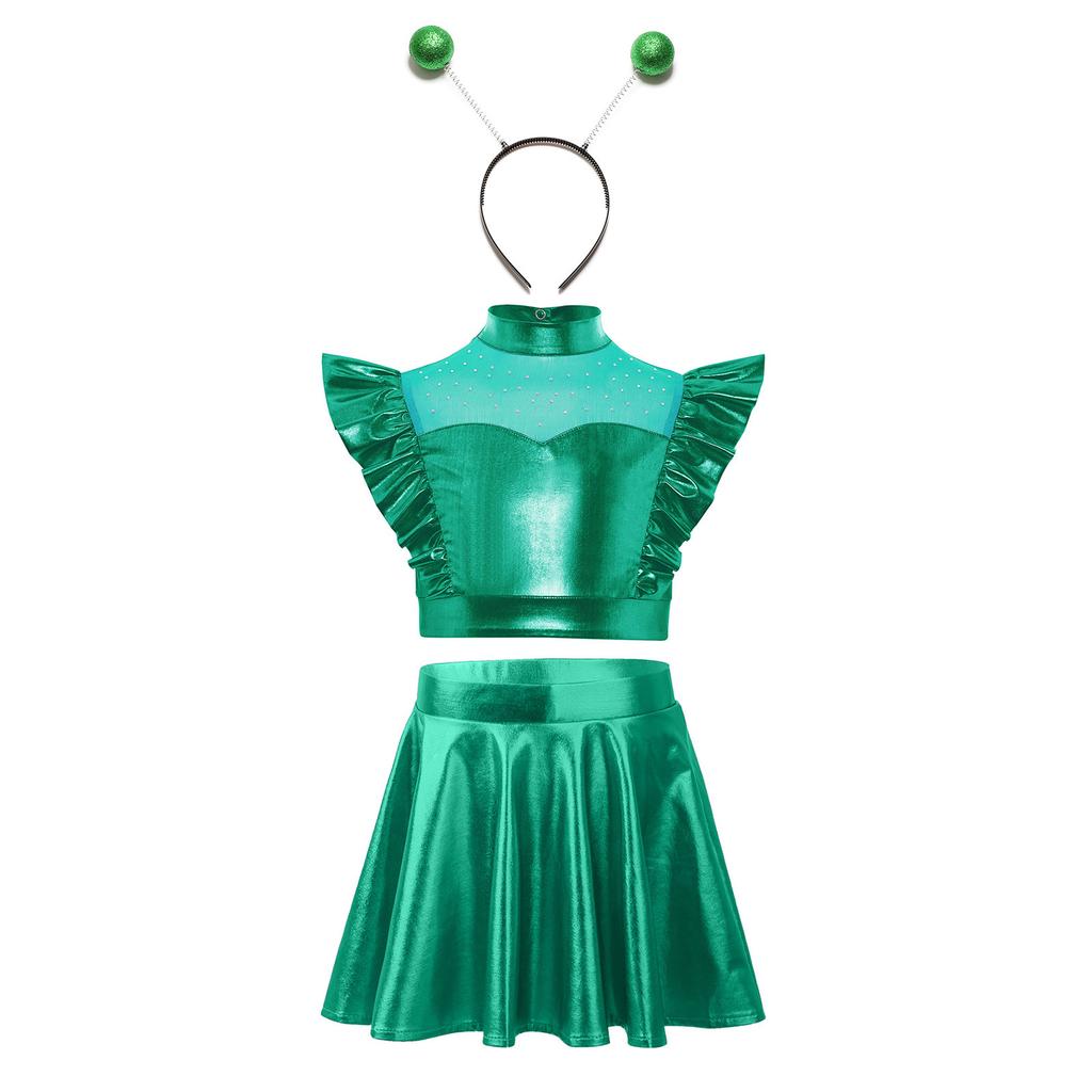 Mädchen Alien Cosplay Metallisches Outfit Strasssteine Ärmelloses Rüschen Crop Top A-Linien-Rock Haarreif-Set