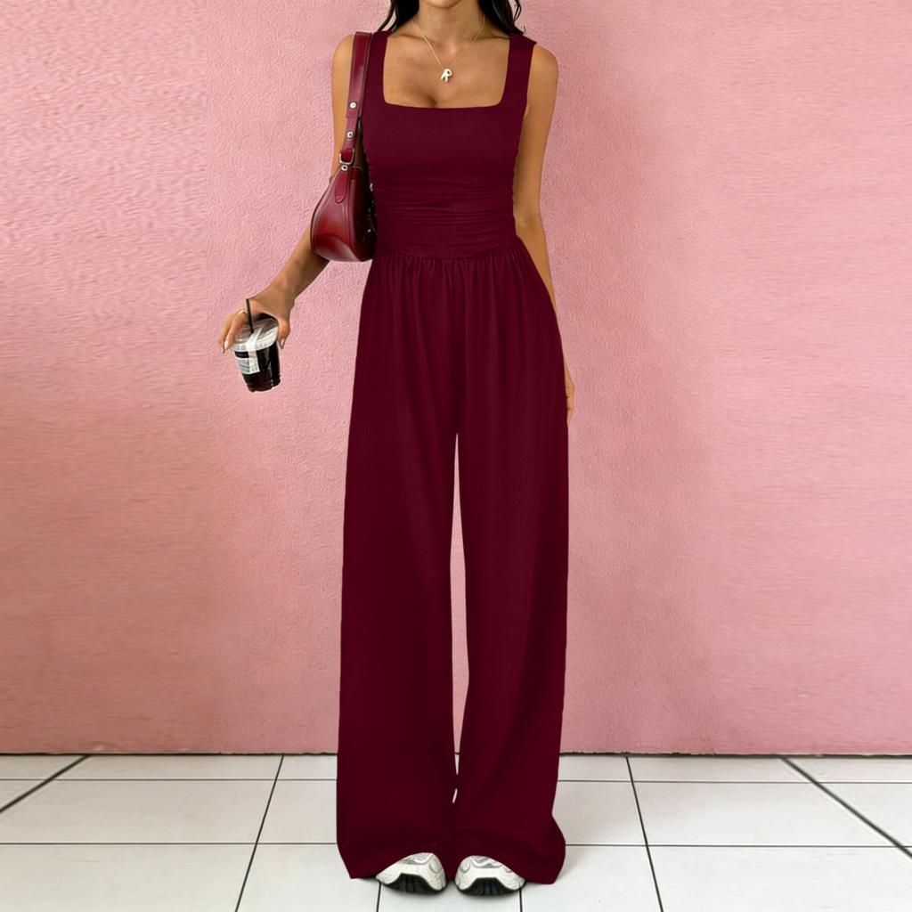 Women Sleeveless Wide Leg Jumpsuit Square Neck Ruched Bodice Casual Loose Fit Long Pants Outfit
