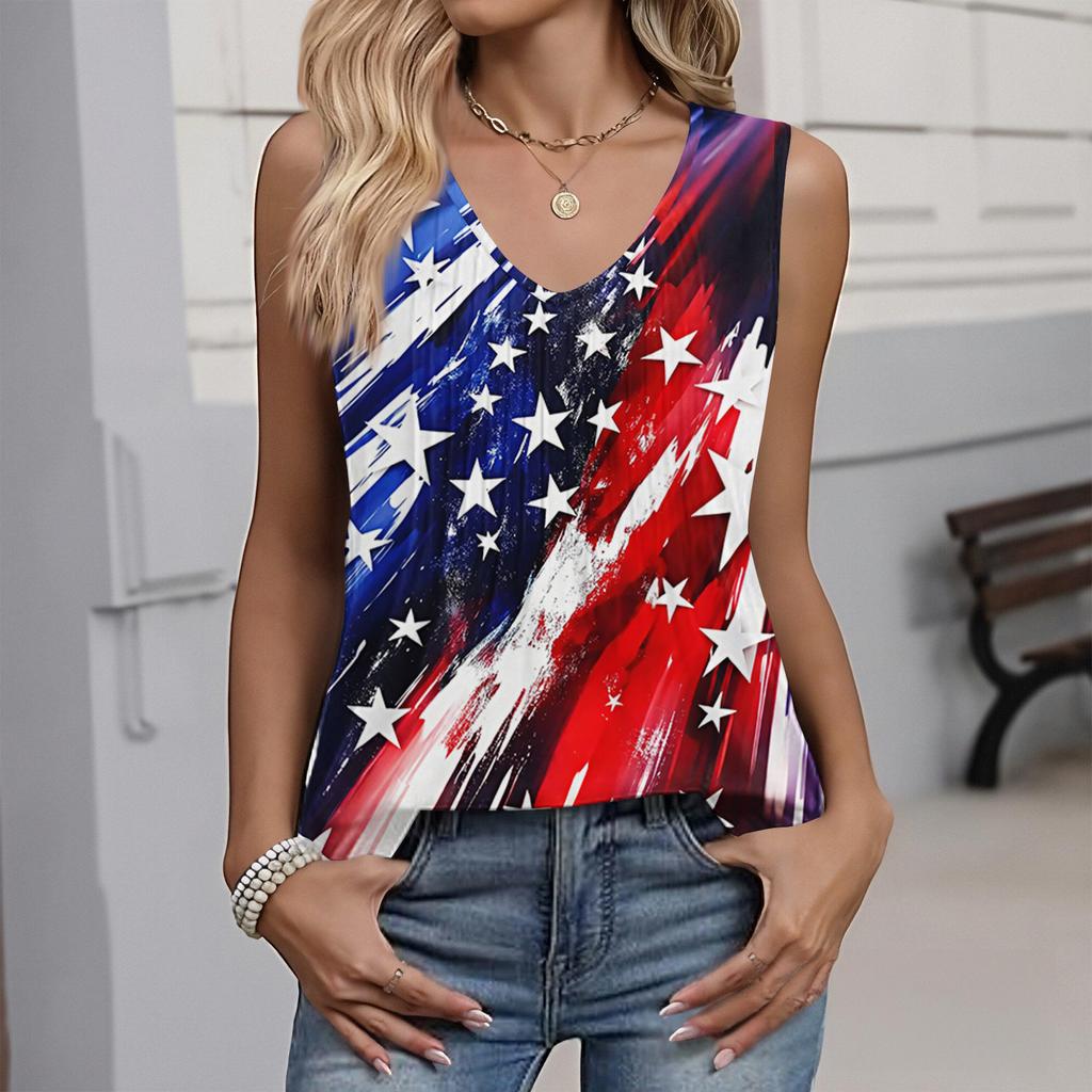 Women's Fashion Casual American Independence Day Flag and Stars Print V-neck Ruffled Sleeveless Vest T-shirt Top